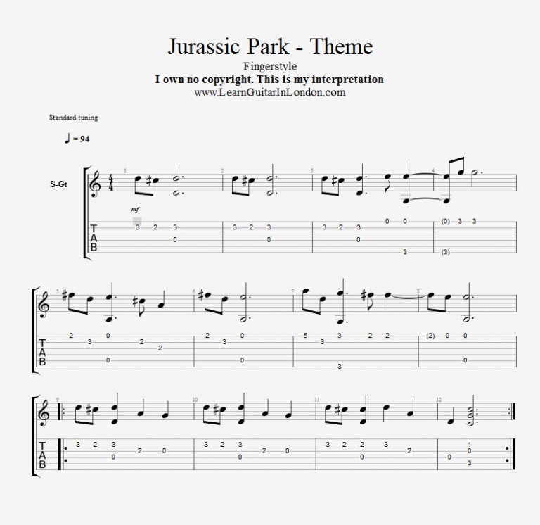 Jurassic Park World Theme Fingerstyle Tab Drue James